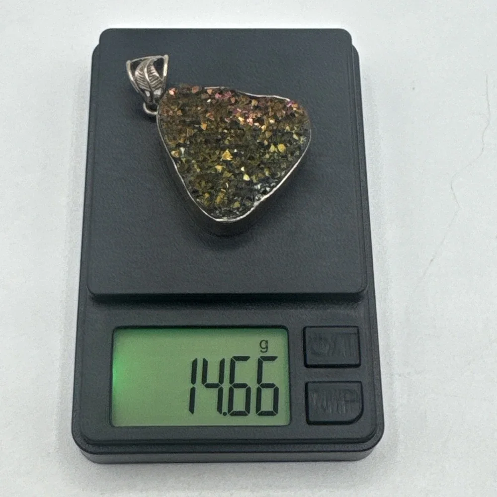 Sterling Silver Oil Slick Druzy Quartz Triangle Statement Necklace Pendant 14.6g